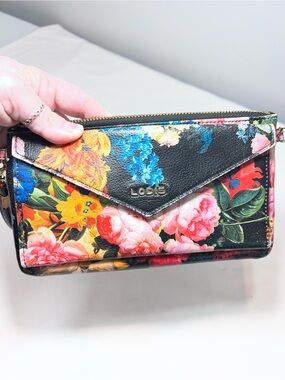 Lodis leather black floral wallet wristlet blush